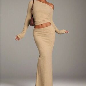 One-Shoulder Tan Maxi Dress Set